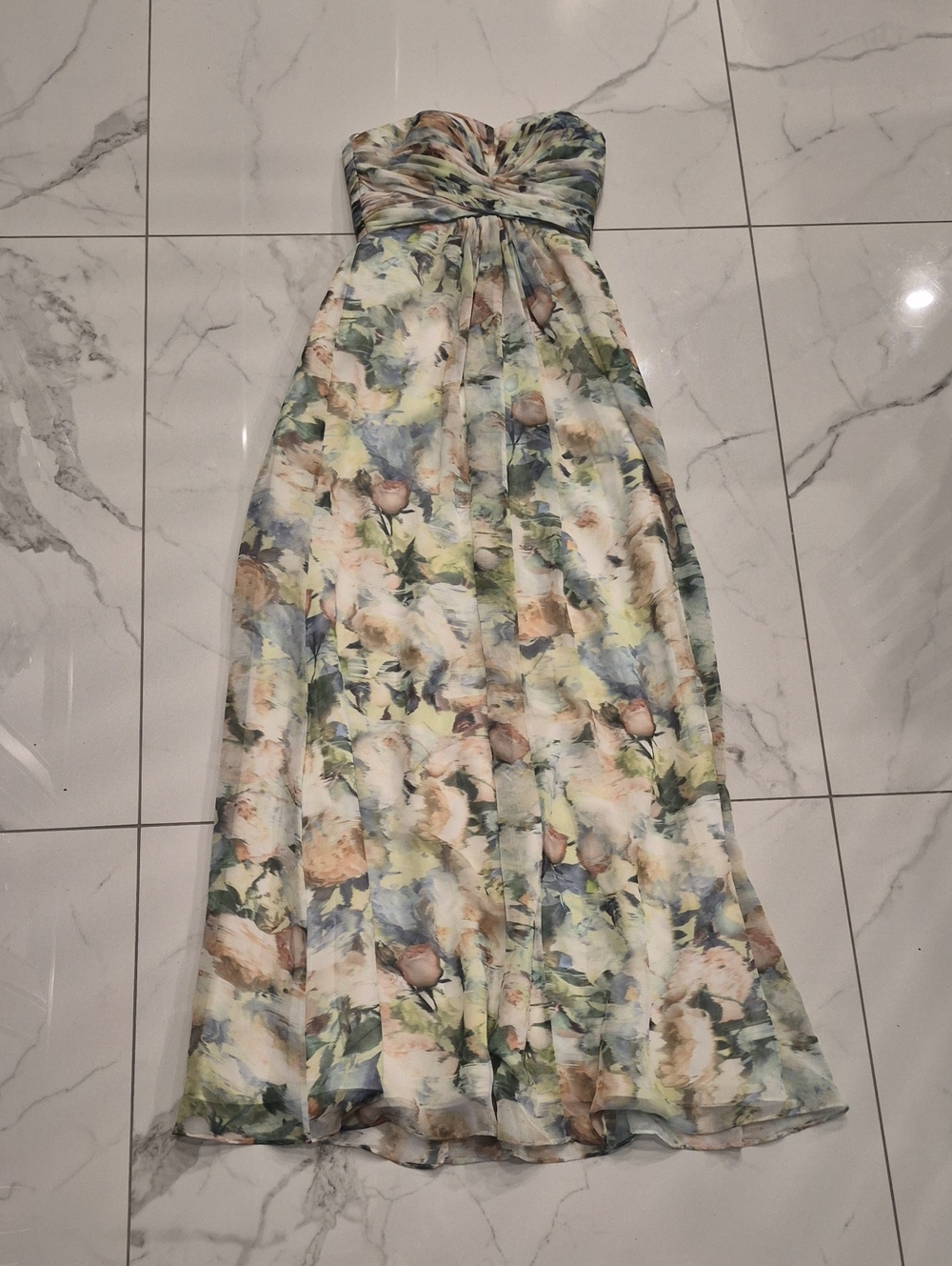 David's Bridal Strapless Floral Chiffon Gown in Blush, Green & Blue Nwot